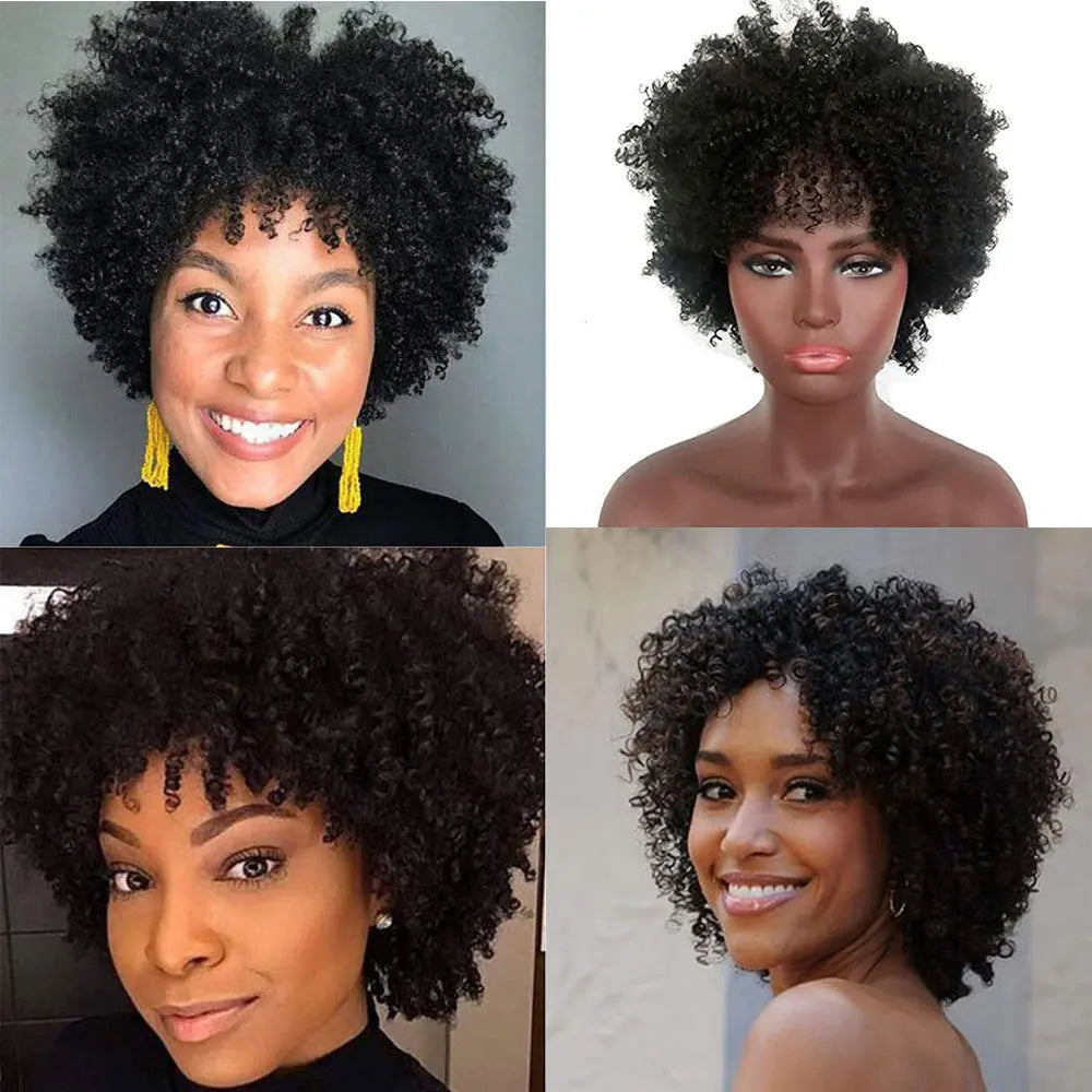 Short Afro Kinky Curly Human Hair Wigs for Black Women  Afro Kinky Curly Wigs with Bangs Cheap Natural Full Machine Wigs