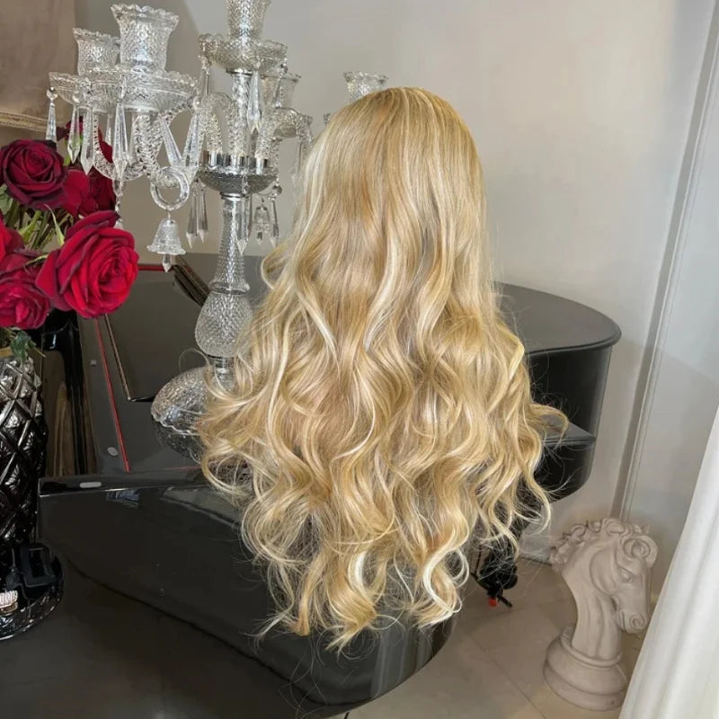 Light Blonde Lace Front Wig Synthetic Center Part Layered Heat Resistant Wig Dark Root Natural Soft Hairline Sunshine Gold Wig