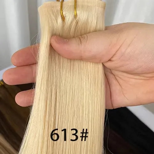 Brazilian Real Human Hair Clip-In Extensions Hard PU Braided Invisible Remy in Natural Black Brown Golden Brown Highlight Colors