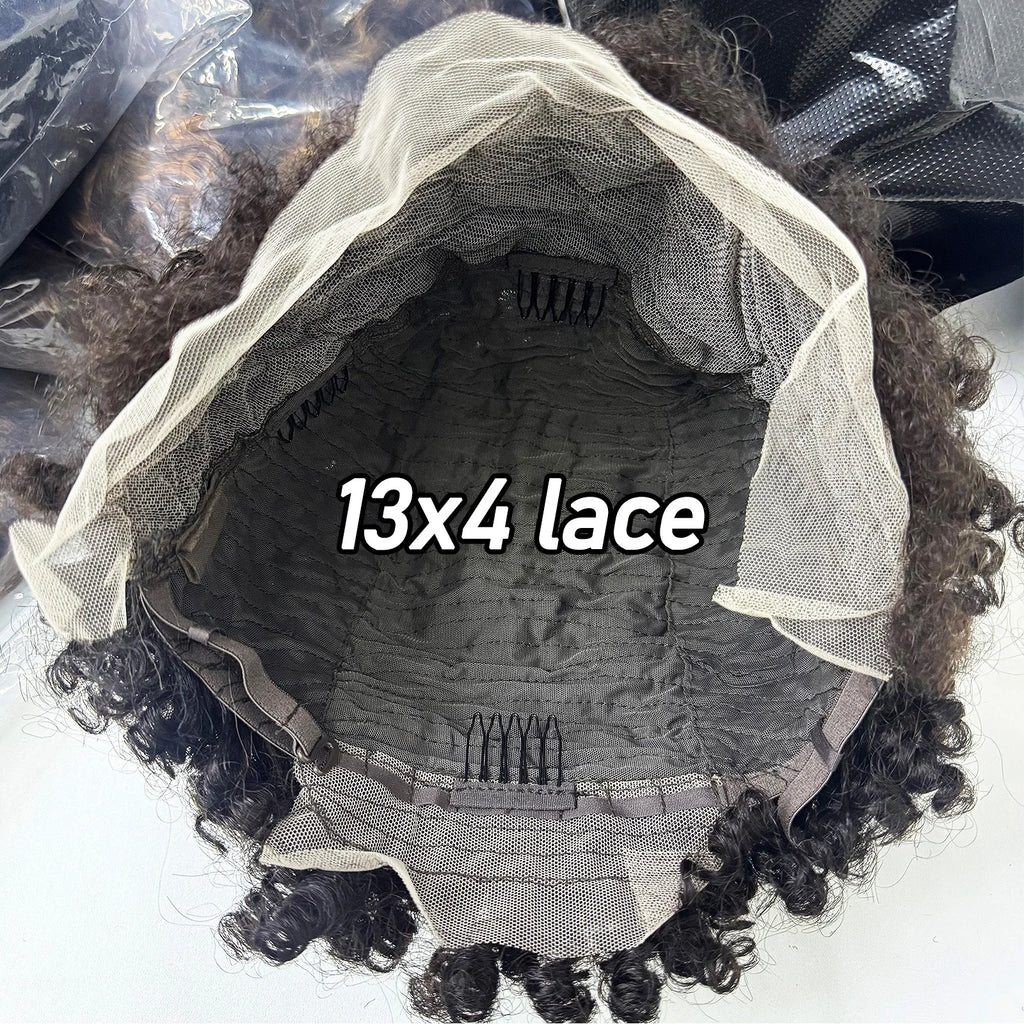 New Arrival 4C Hairline Edges Afro Kinky Curly Human Hair Wig 13x4 Transparent Lace Frontal Short Curly Hair Wig for Black Women