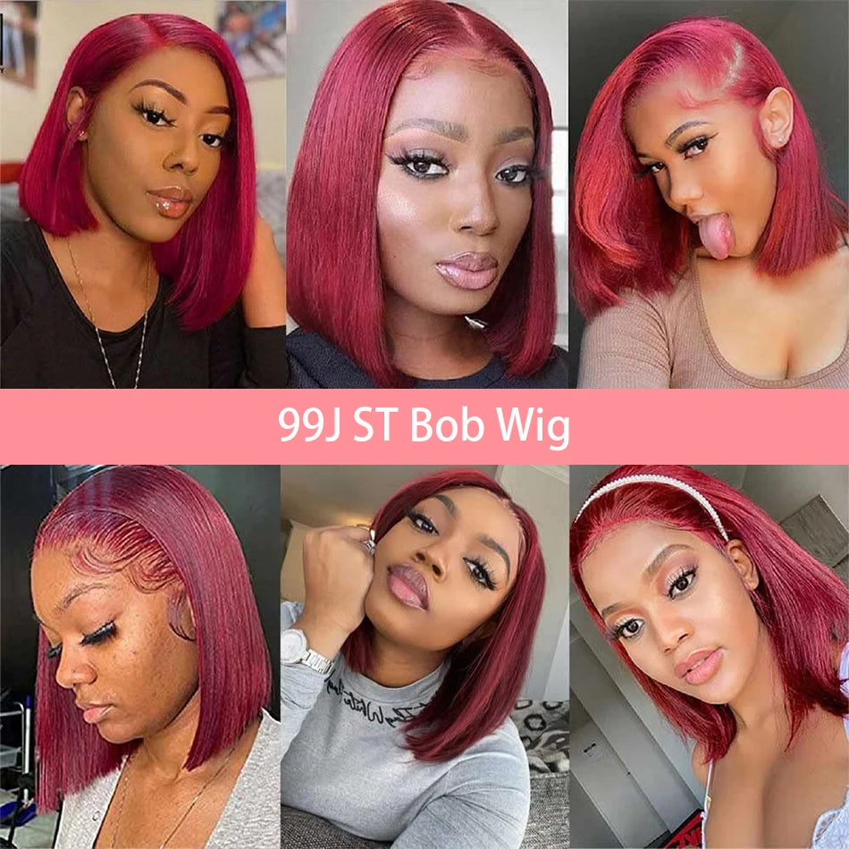 99J Burgundy Straight Short Bob Wig 13x4 Lace Front Wigs Red Colored HD Lace Frontal Wig Brazilian Remy 100% Human Hair 14 Inch