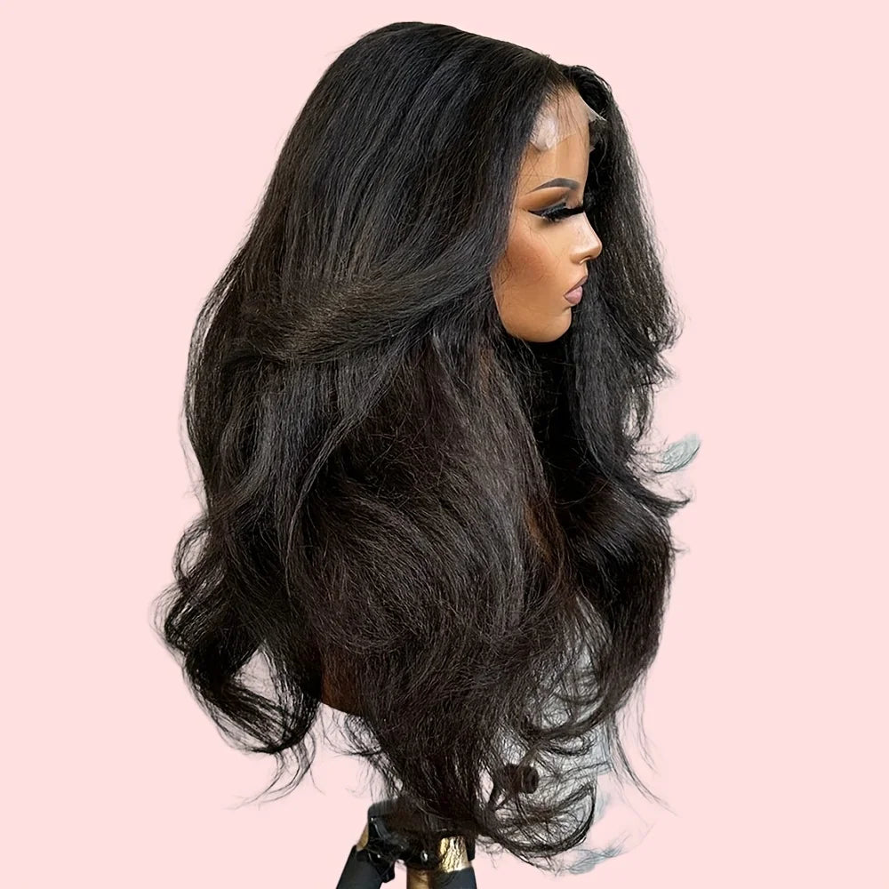 Super Soft Double Texture Yaki Body Wave 13x4 Lace Front Wig Synthetic 26Inch 180Density Kinky Straight Wavy Lace Front Wig