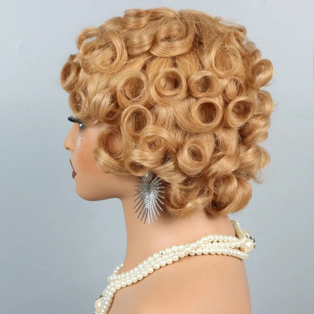 Short Curly Pixie Cut Wigs For Women Curly Wig Brazilian Remy Human Hair Blond 27# Short Bob Full Machine Made Wig 200% Density
