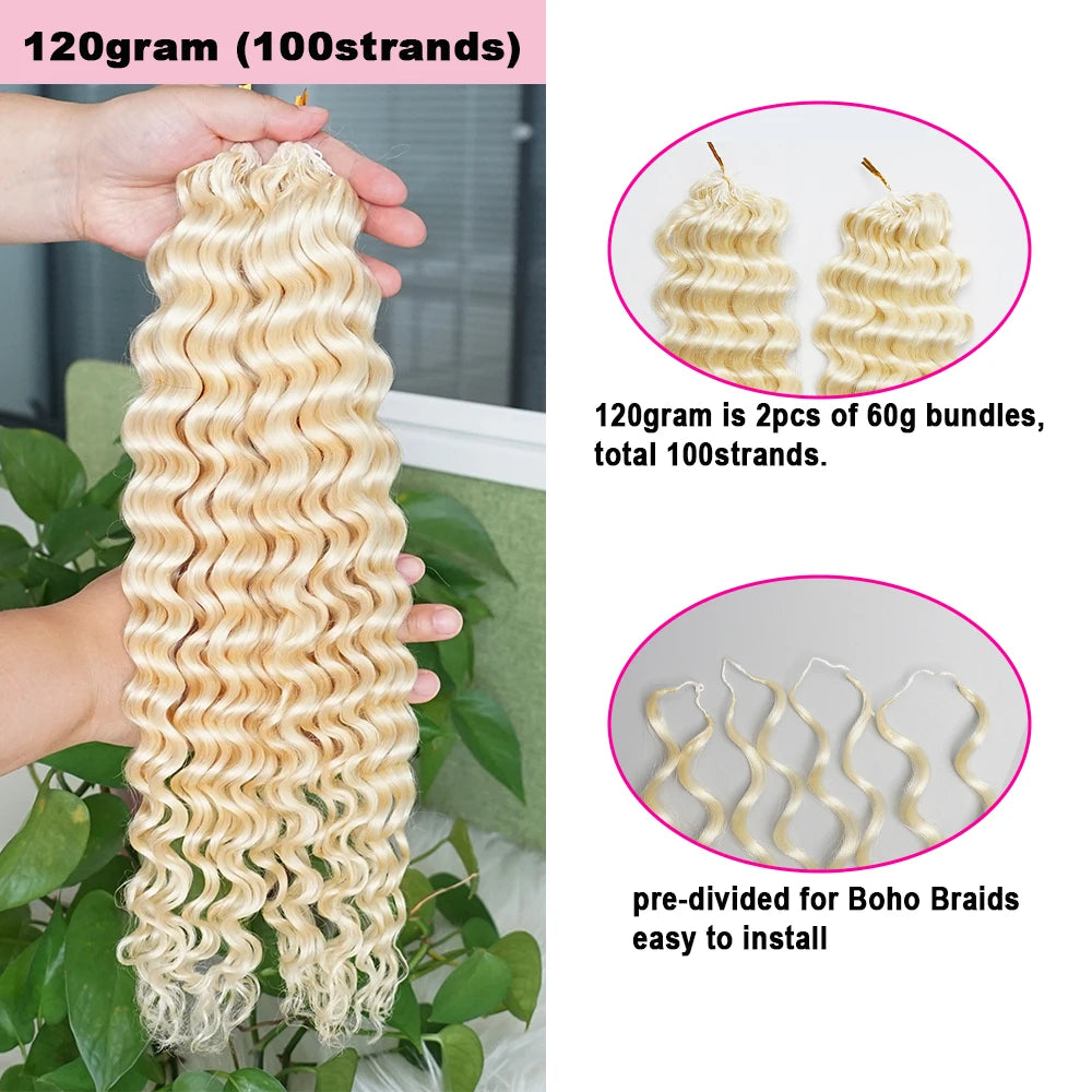 #613 Miracle Knots Crochet 100% Human Hair Deep Wave Bulk Braiding Hair for Bora Boho Braids Blonde Color Highlight Wavy Bundles