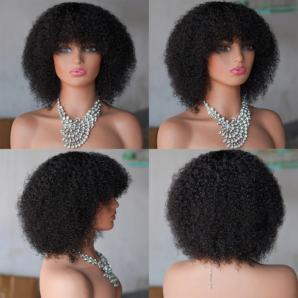 Mongolian Afro Kinky Curly Human Hair Wig With Bangs Machine Made 250% Afro Kinky Curly Wigs For Women Brazilian Glueless Wigs