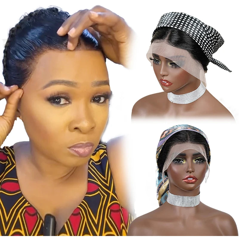 10inches 13x4inch Lace Front plait wig black Gele frontal Wig 100% Human Hair with Baby Hair Wig for Women