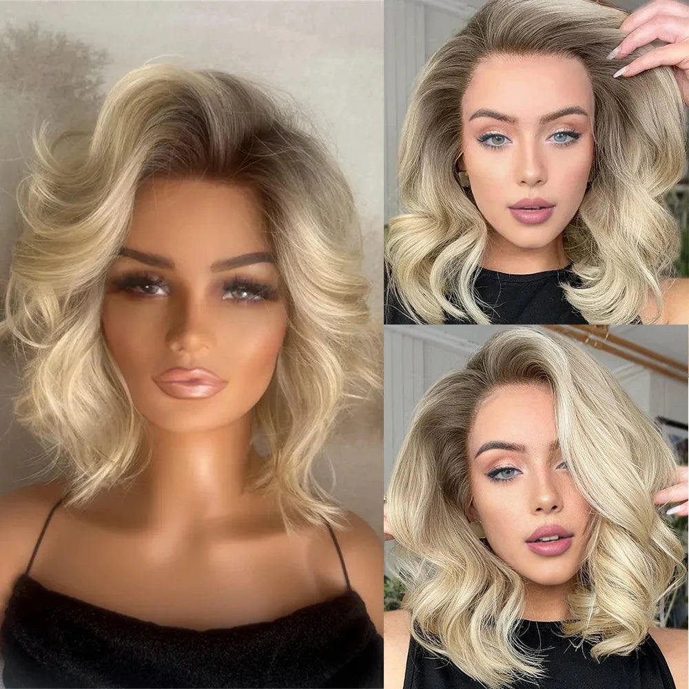Layered Short Wave Bob Wig Warm Blonde Highlights Lace Front Wig Heat Resistant Fiber Dark Roots Realistic Look Free Part Wig