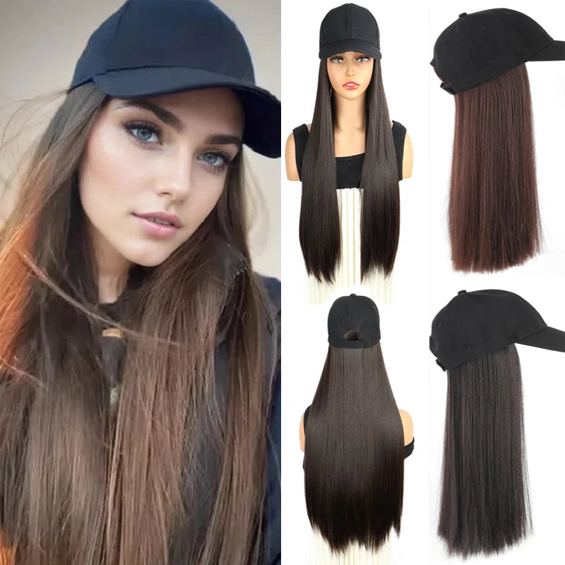 Long Wavy Curly Synthetic Wig Baseball Cap HairKopo Extensions Hat Wigs Black Brown Adjustable Hairpiece for Women ByHUAYA Store