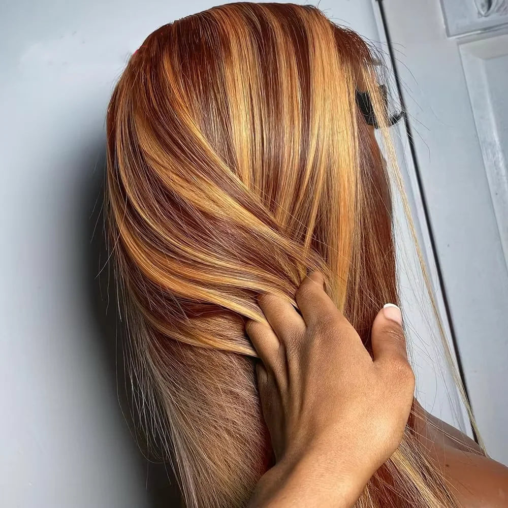 4/27Highlight Straight Lace Front Wig Human Hair 13x6 Lace Frontal Wigs Brazilian Honey Blonde Colored Wigs Remy 100% Human Hair