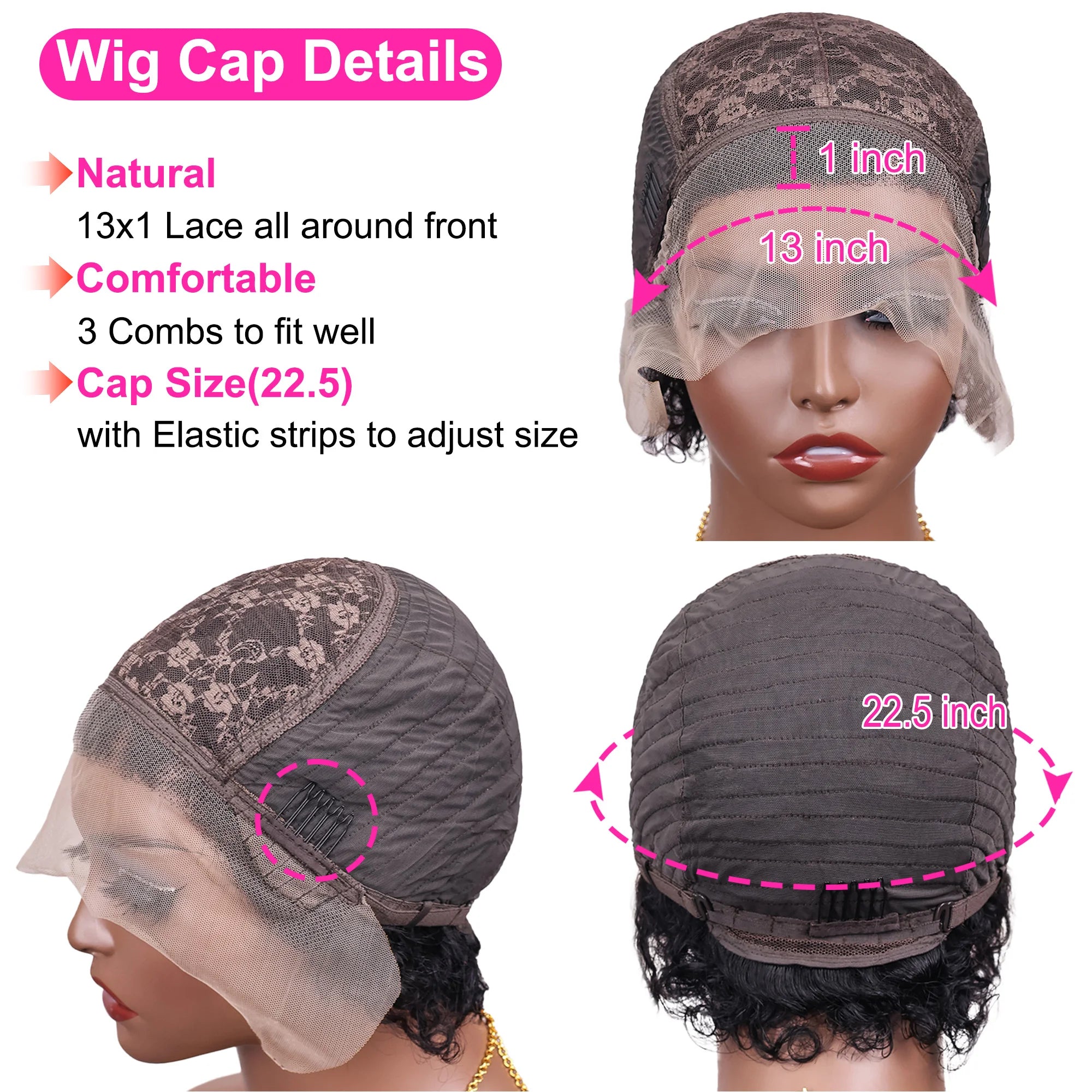Short Curly 13x1 Lace Curly Pixie Cut Wig 180% Density Human Hair Lace Front Bob Wigs for Women Natural Color Pre Plucked 6 Inch