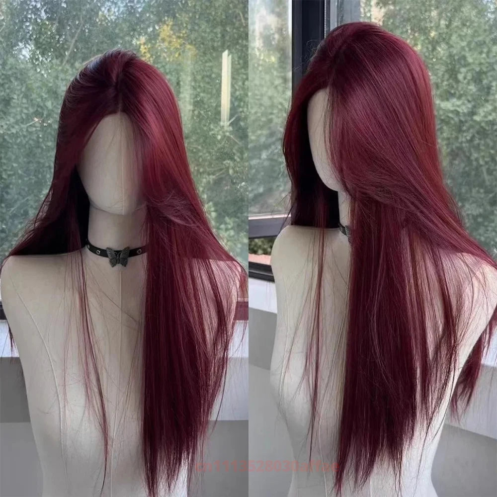Red Wig for Women Long Straight Hair Forehead Lace Wig  for Cosplay Daily Use Lolita  Synthetic Wigs Natural Hair Heat Resistant
