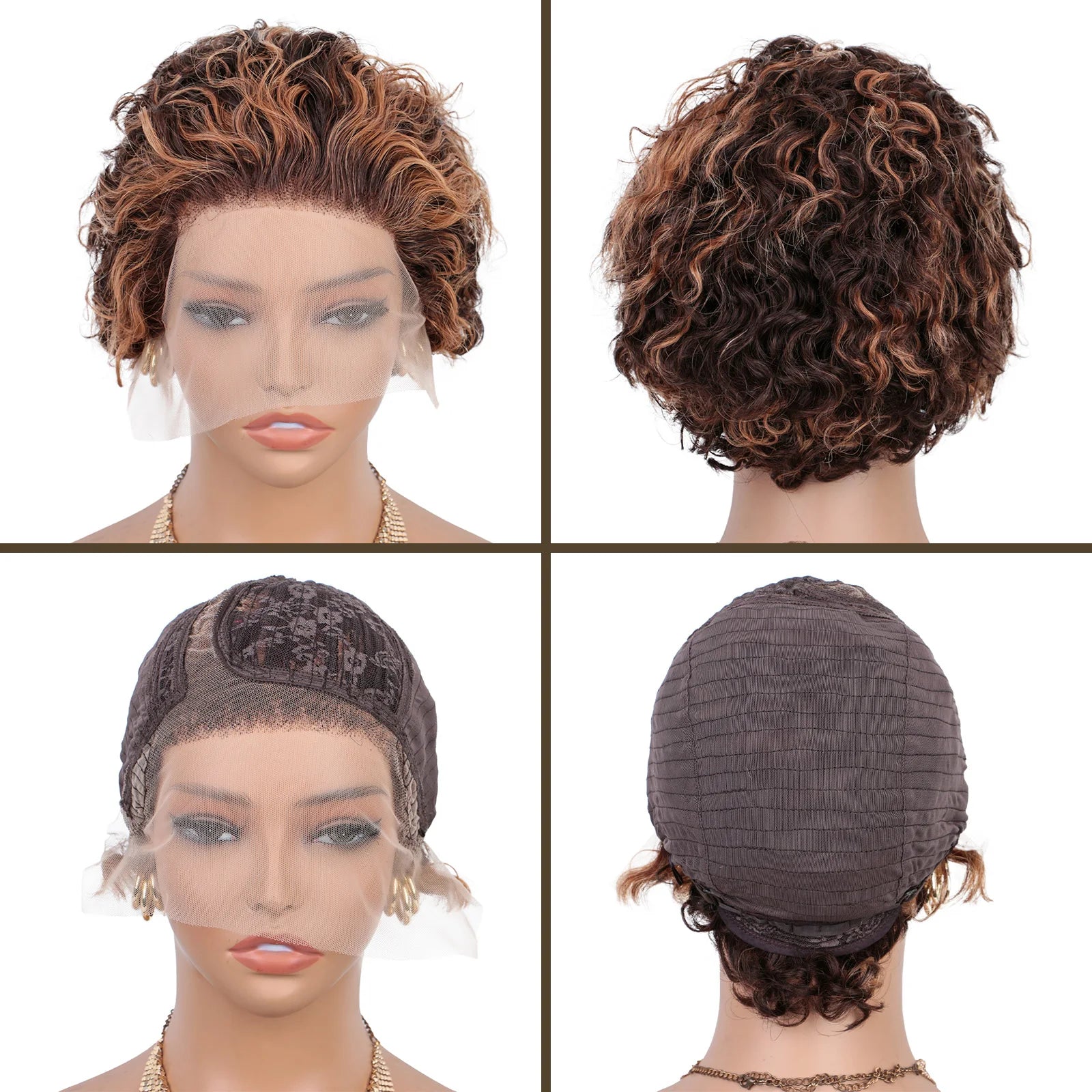 Short Pixie Cut Kinky Curly Human Hair Wig P4/27 Highlight 13x1 T Part Lace Front Pre Plucked Bob Wigs for Black Women