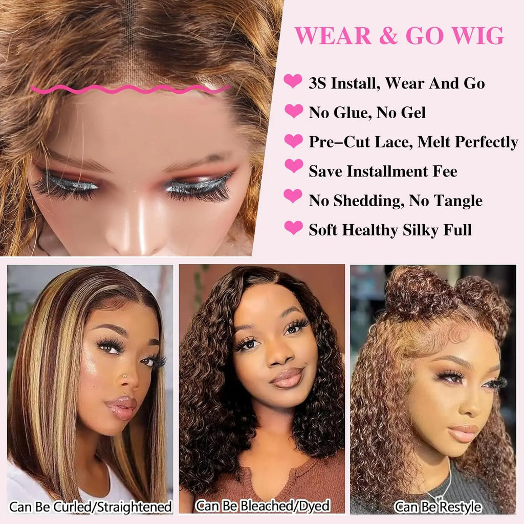 4/27 Highlight Color Curly Bob Wig Human Hair Deep Wave 200% Density 5x5 Glueless Closure Bob Wigs 14 Inch Ombre Brown Lace Wigs