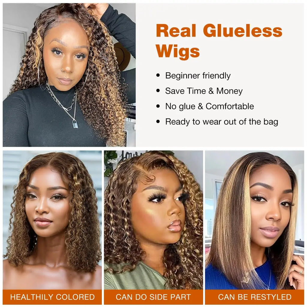 4/27# Highlight Ombre Deep Wave Bob Wig For Women 5x5 Glueless Curly Honey Blonde Wigs Human Hair Pre Plucked Wear and Go Wigs