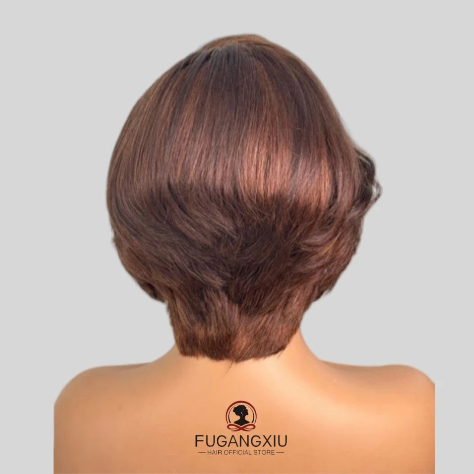 13×4 frontal lace remy wig for women 8inch short straight pixie cut human hair wig natural black/#4  color 150%density