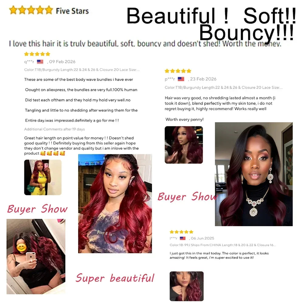 Human Hair 1B/Burgundy Brazilian Body Wave Weave Bundles 100%  Human Hair Bundles With  4x4 Lace Closure Remy Hair Extension