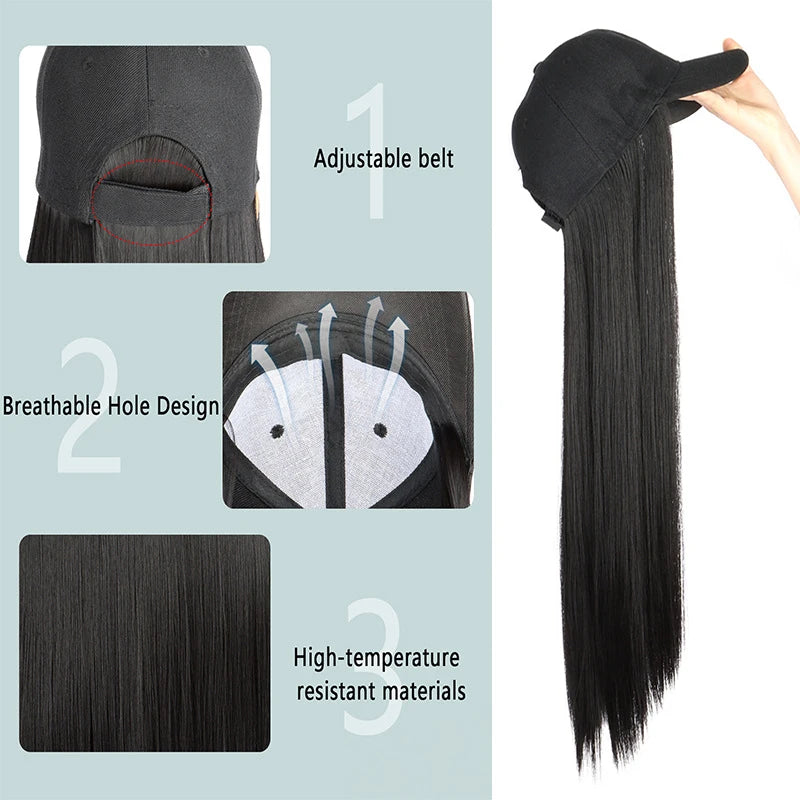 Long Wavy Curly Synthetic Wig Baseball Cap HairKopo Extensions Hat Wigs Black Brown Adjustable Hairpiece for Women ByHUAYA Store