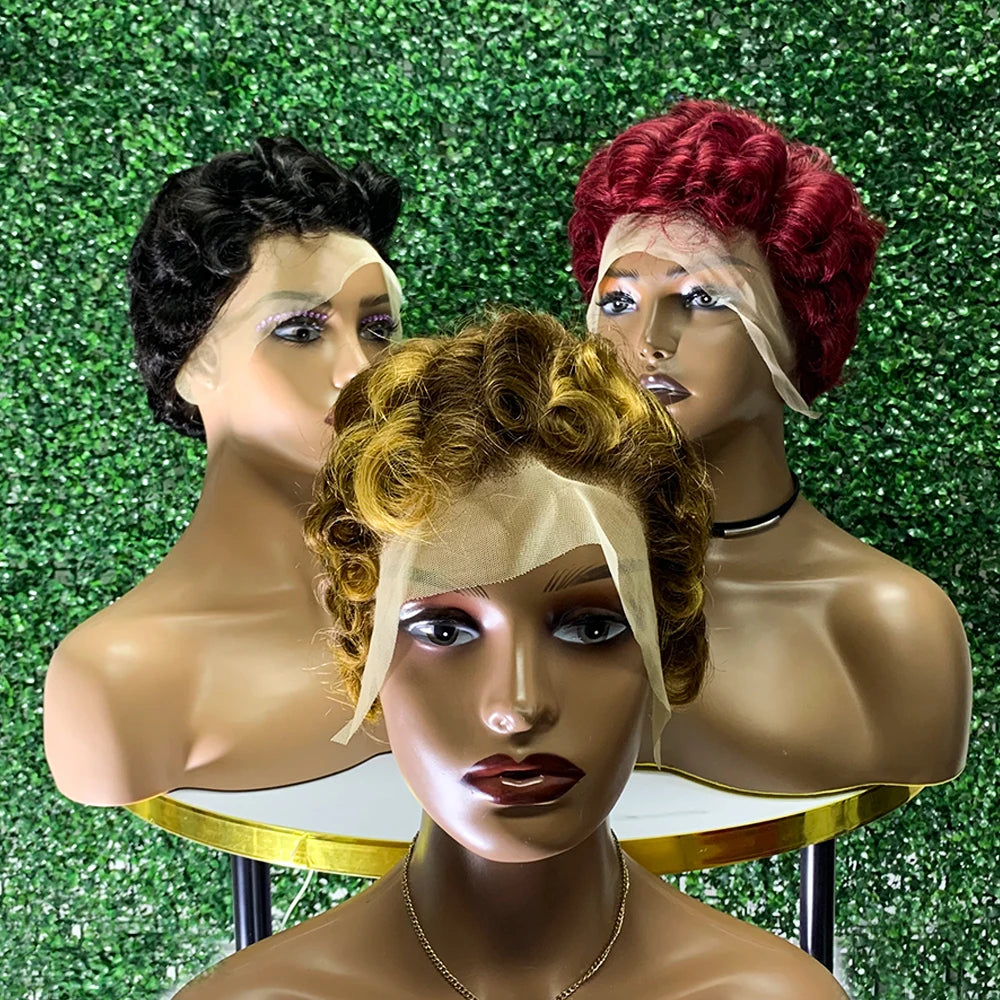 Short Curly Pixie Cut 13x4 Lace Front Wigs Remy Human Hair, Short Curly Deep Wave Human Hair Wig Wavy Layered Pixie Cut Wig