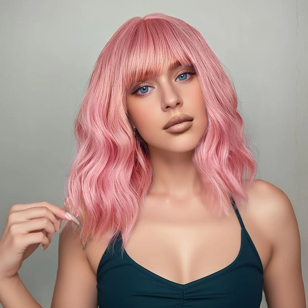Natural Blue Short Curly Wig for Women - Shoulder Length Wavy Bob with Bangs | Synthetic Heat-Resistant Hair