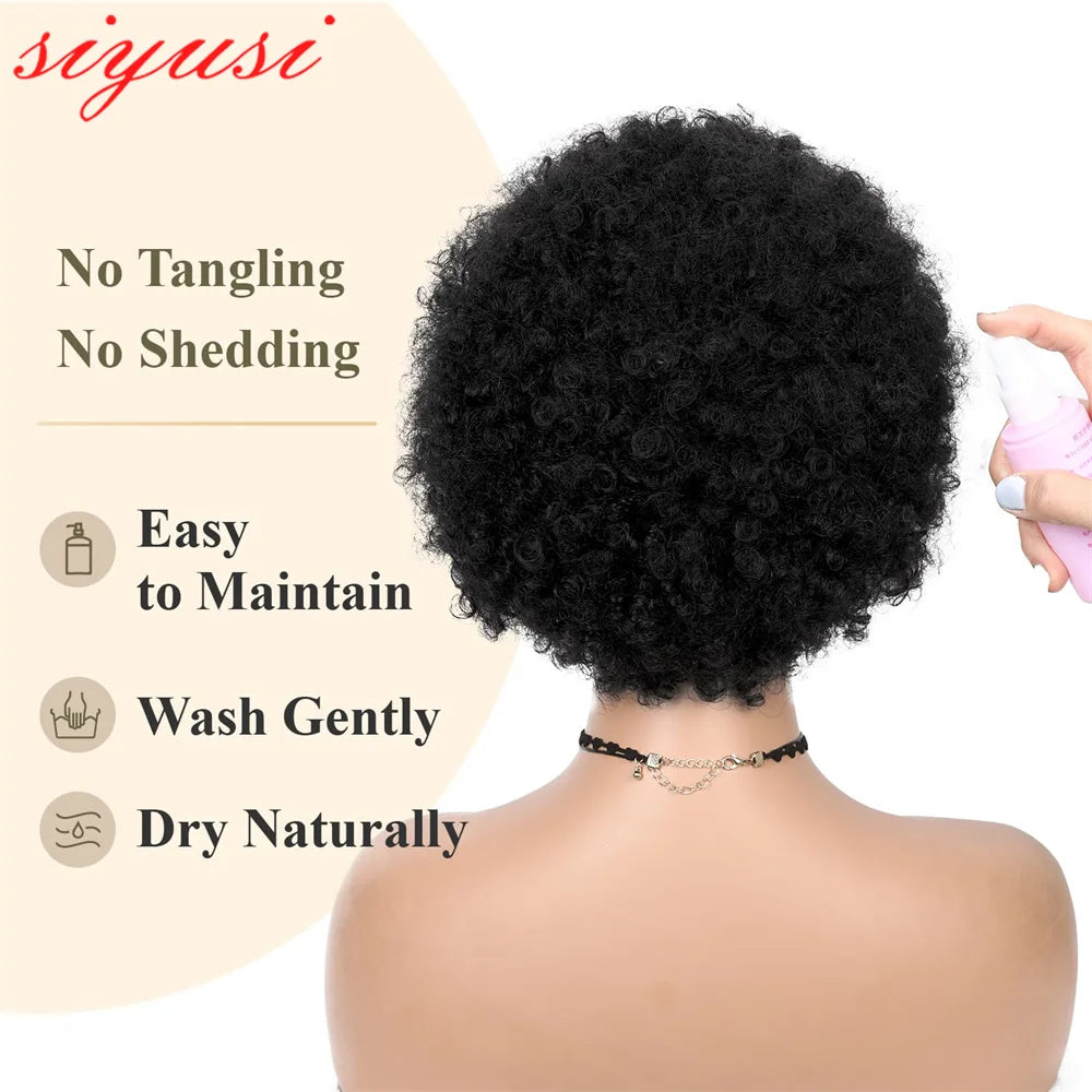 Short Afro Curly Human Hair Wigs 8 Inch Malaysian Remy Curly Afro Hair Wig Full Machine Made Pixie Cut Wigs with Bangs for Women
