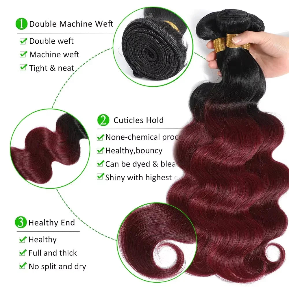 Human Hair 1B/Burgundy Brazilian Body Wave Weave Bundles 100%  Human Hair Bundles With  4x4 Lace Closure Remy Hair Extension