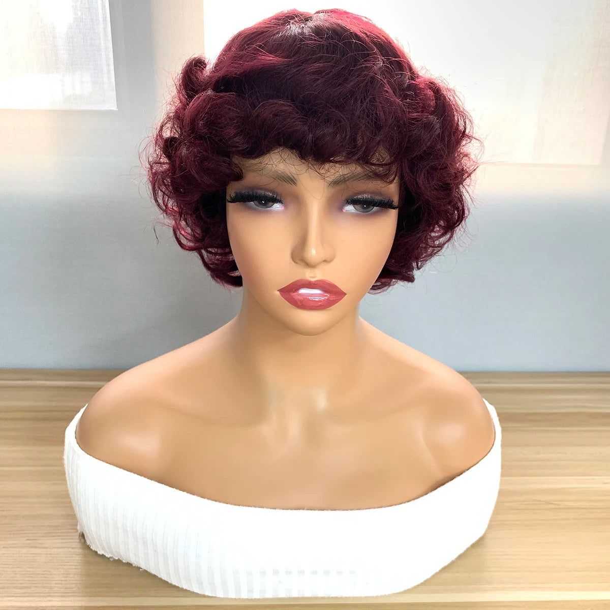 Bouncy Curly Short Pixie Bob Cut Human Hair Wigs With Bang Ombre Color Non Lace Full Machine Made Wig For Women Remy Hair