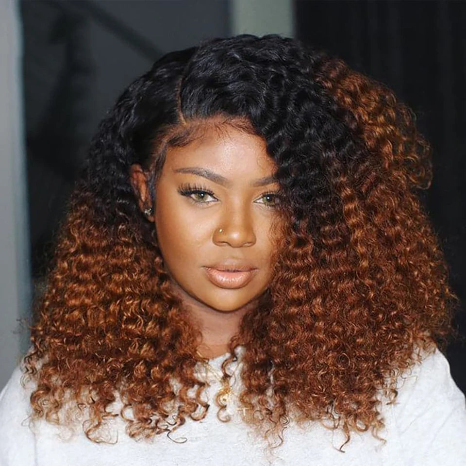 1B 30 Short Bob Kinky Curly Human Hair Wigs 13x4 Transparent Lace Frontal Wig Ombre Brown Colored 250% Density Brazilian Wigs