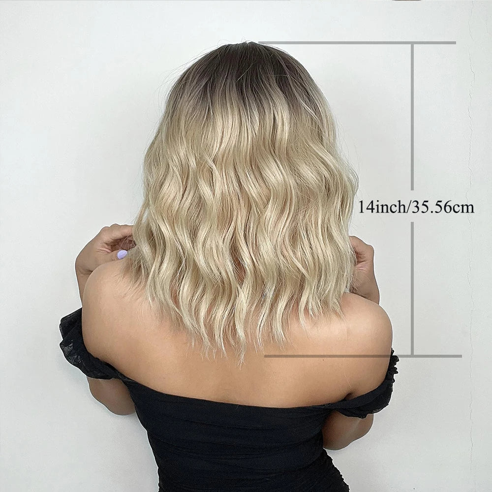 14in Blonde Bob Wig With Bangs For Women Curly & Wavy Shoulder-Length Synthetic Hairpiece, Perfect For Daily Wear & Cosplay
