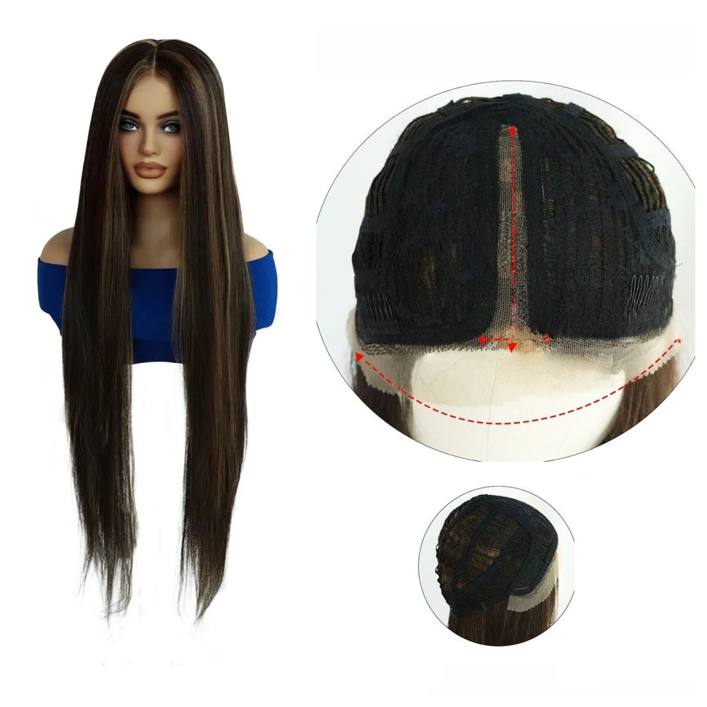 13x4x1 Lace Front Wig Dark Brown With Blonde Highlight Long Straight Synthetic Wig Heat Resistant Women Daily Fashion Wig