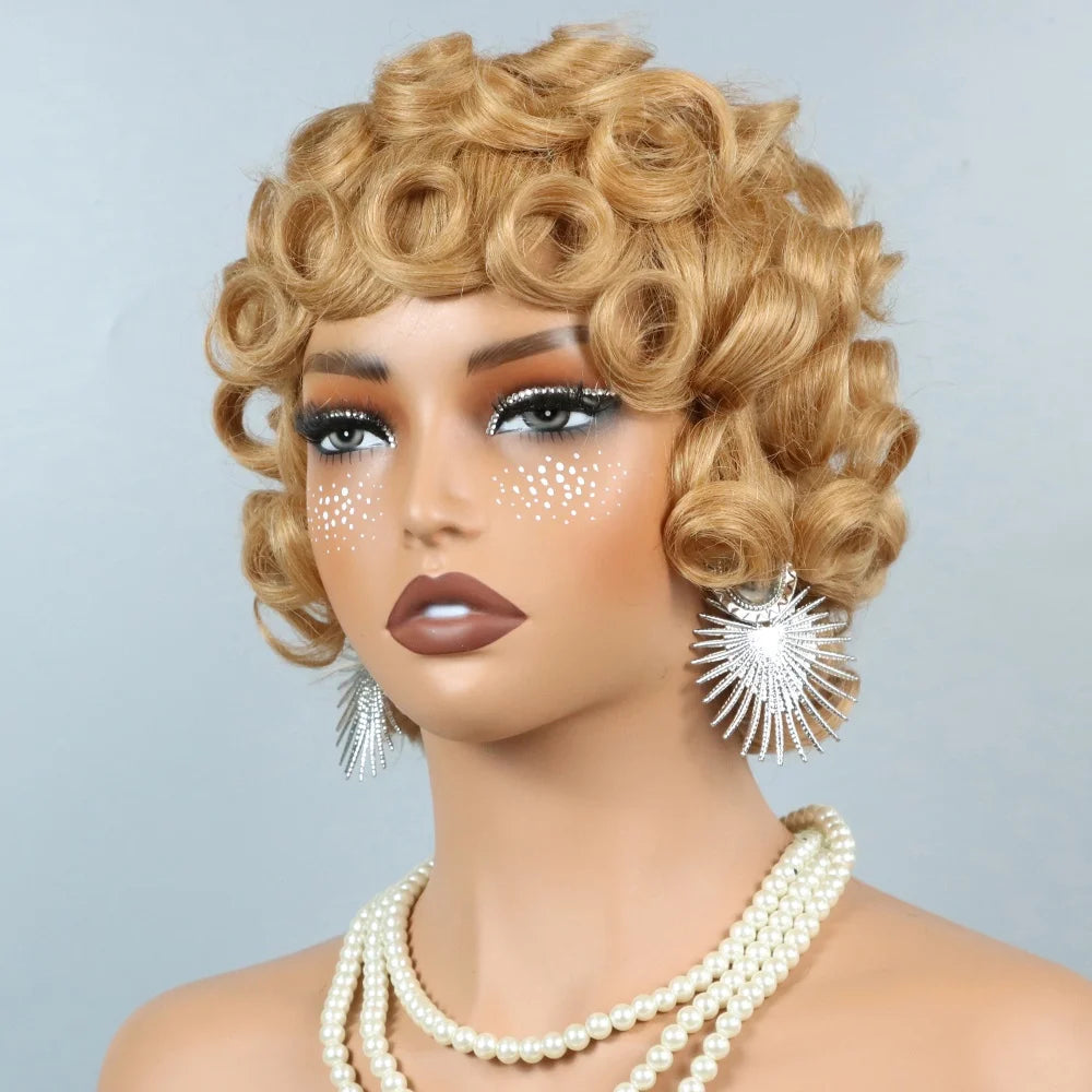 Short Curly Pixie Cut Wigs For Women Curly Wig Brazilian Remy Human Hair Blond 27# Short Bob Full Machine Made Wig 200% Density