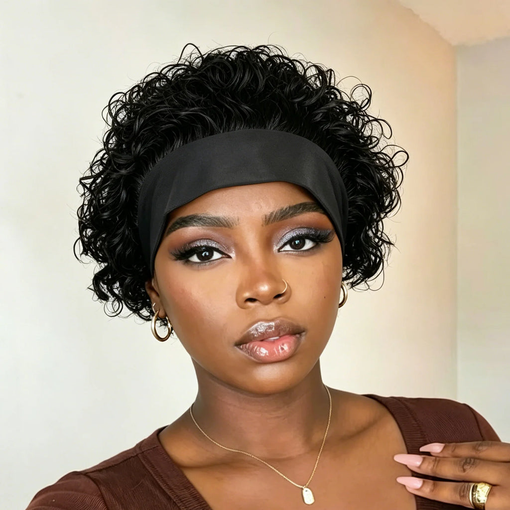 Headband Wig Human Hair for Woman Pixie Cut Wig Short Curly Hair Headband Wig Machine Made 180% Density Black Beginner Friendly