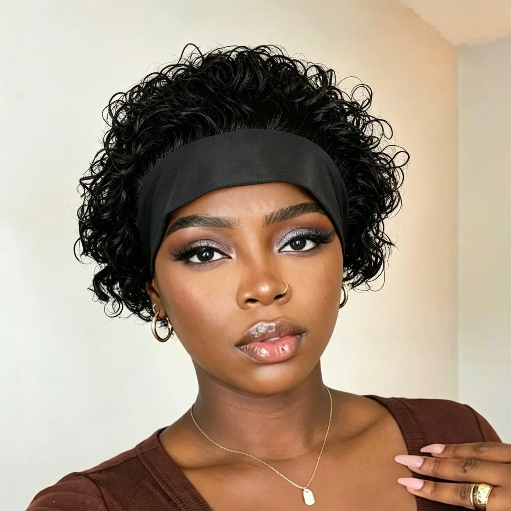Headband Wig Human Hair for Woman Pixie Cut Wig Short Curly Hair Headband Wig Machine Made 180% Density Black Beginner Friendly