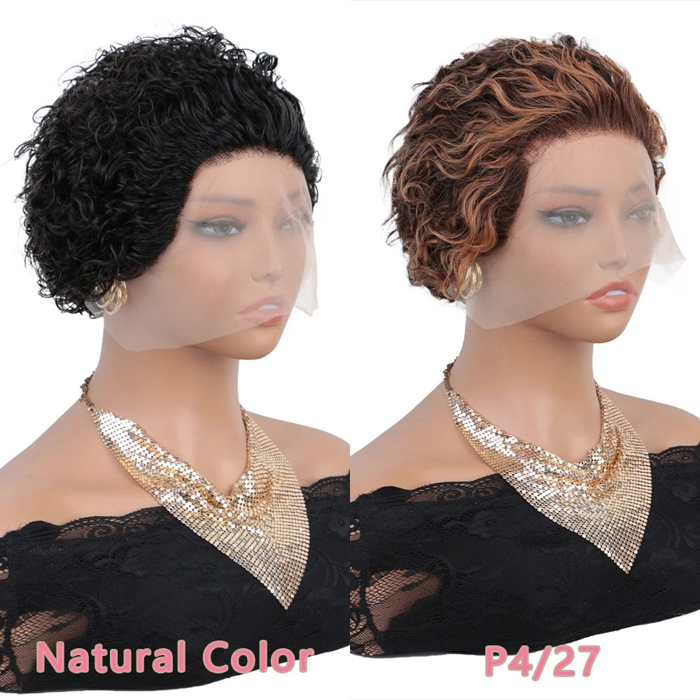 Short Pixie Cut Kinky Curly Human Hair Wig P4/27 Highlight 13x1 T Part Lace Front Pre Plucked Bob Wigs for Black Women