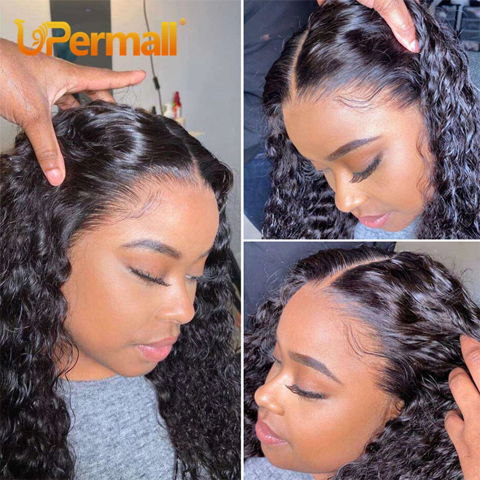 Upermall Deep Curly HD Transparent Lace Front Human Hair Wigs Brazilian Remy 30 Inch 13x4 Deep Wave Frontal BOB For Black Women