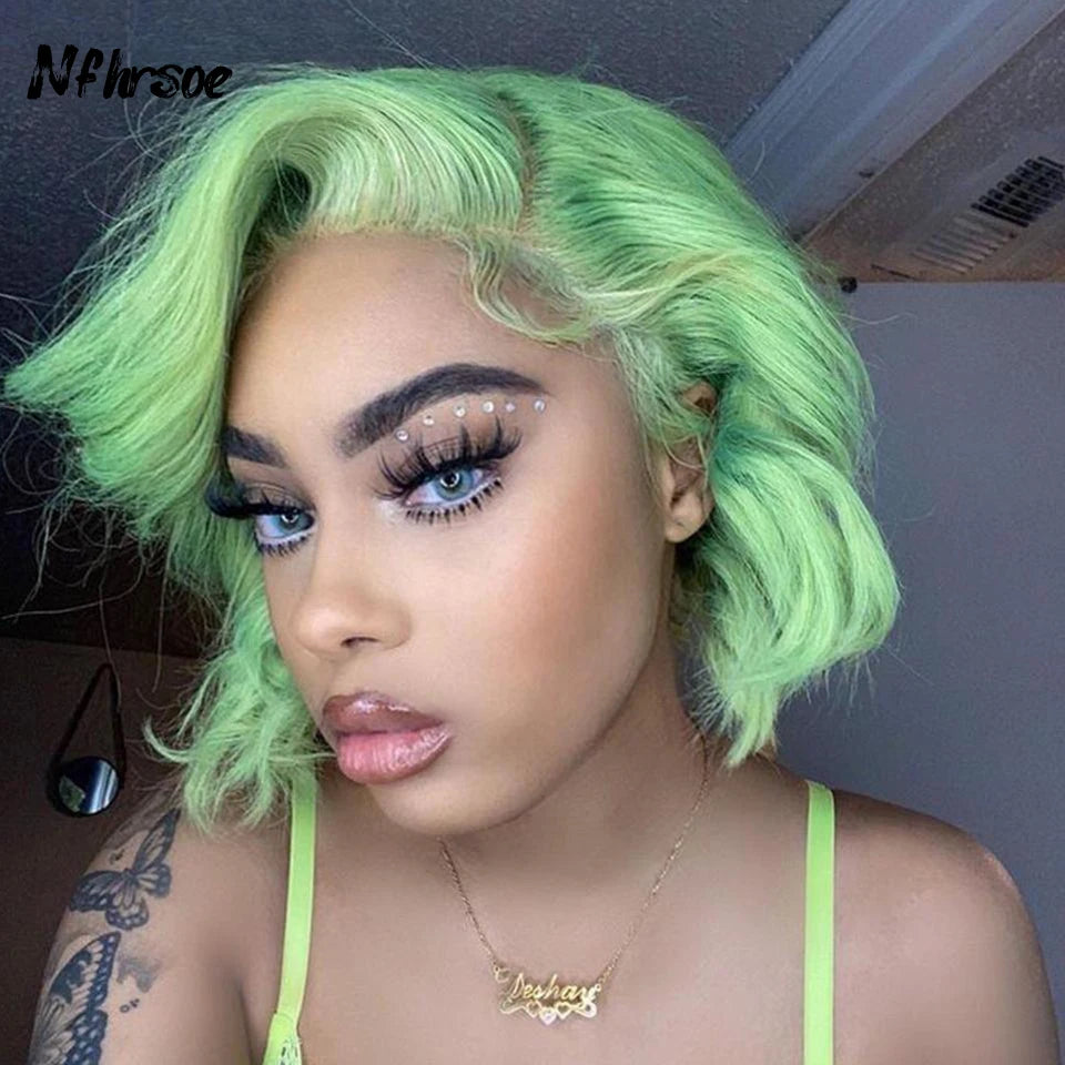 13X4 HD Lace Front Wig Brazilian Short Wave Pixie Cut Human Hair Wigs For Women Preplucked Light Green Colored Short Bob Wigs