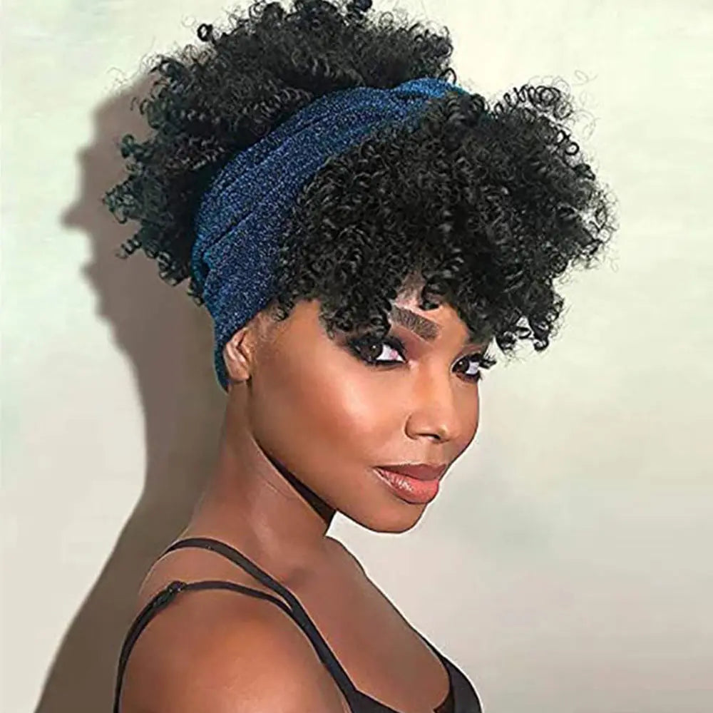 Remy Human Hair Machine Made Headband Wig with Short Black Hair Afro Curly Wigs for Black Women