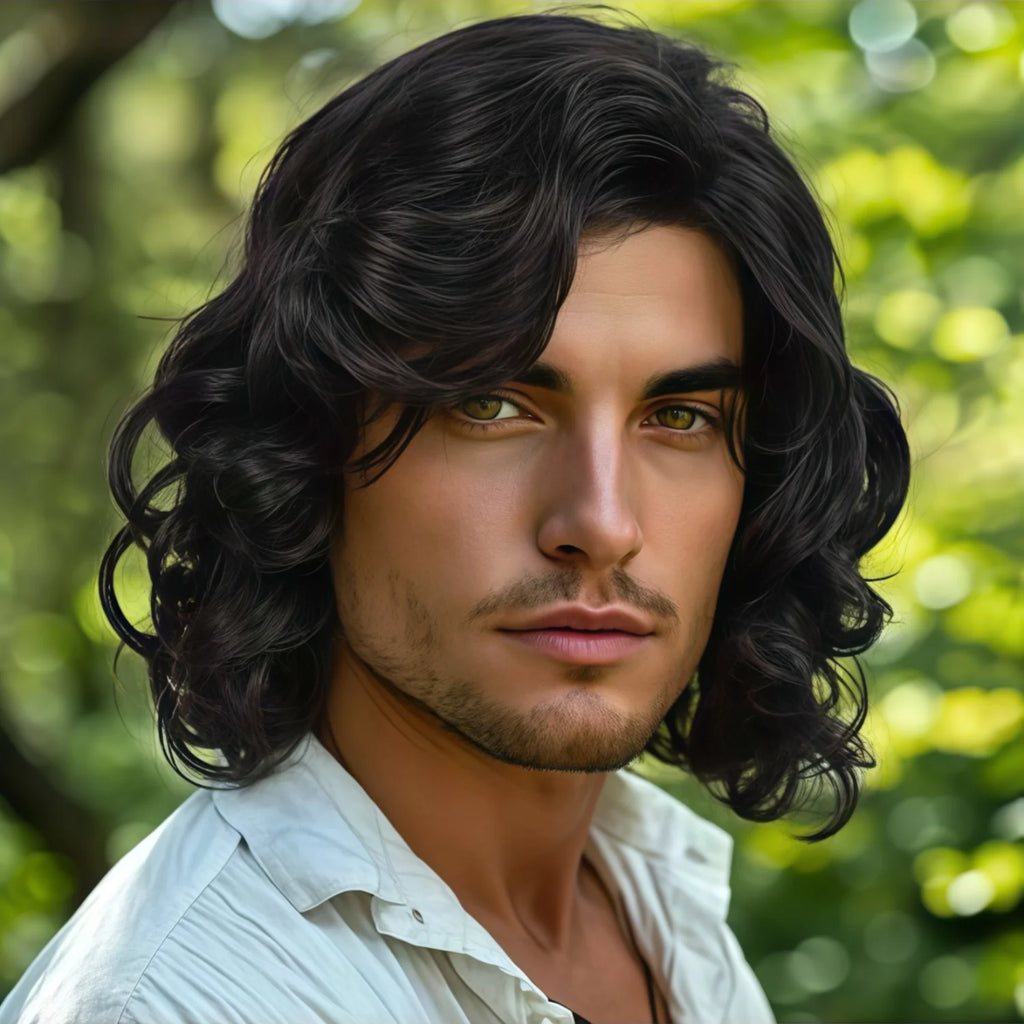 Men's and Women's Medium to Long Wavy Wig with Bangs and Curly Hair, Black Short Curly Synthetic Wig, Natural Wavy Black Brown