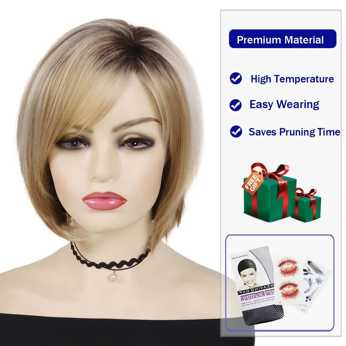 Bob Wigs for Women Synthetic Hair Heat Resistant Fiber Mixed Blonde Short Straight Hair Wig with Bangs Natural Hairstyle Costume