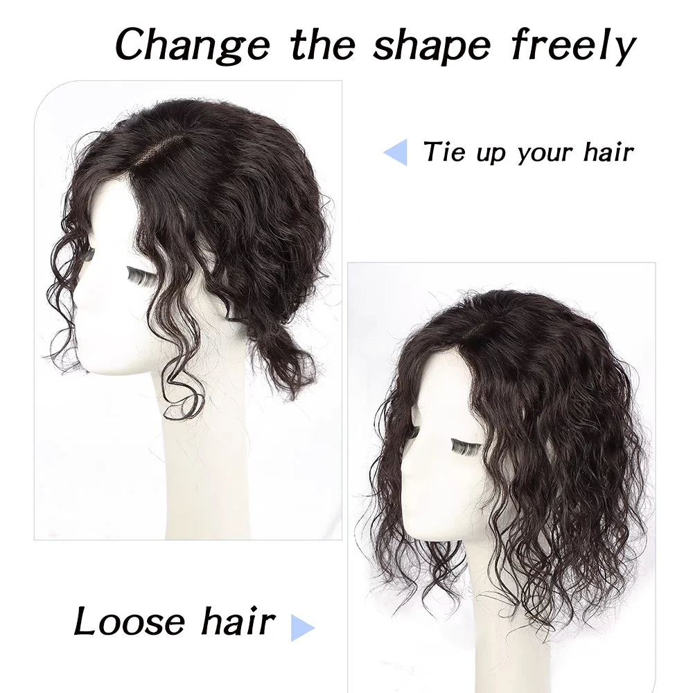 30cm Short Curly Wavy Hair Topper for Women Real Human Hair Natural Black Swiss Lace Base Clip in Topper Wiglet Hairpiece 9X14cm