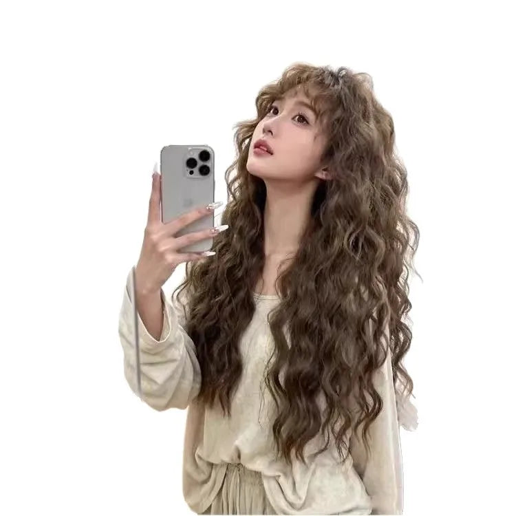 Synthetic Women's Korean-style Woolly Waves Bangs Long Wavy Hair Cold Brown Egg Curl Daily Realistic Human Hair Wig