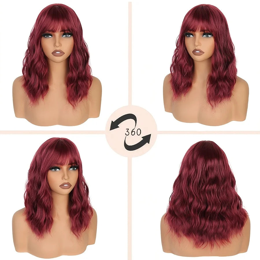 Wine Red Bob Synthetic Wig for Women Short Wave Curly Hair with Bangs 14 Inch Natural Look Party Cosplay Costume Hairpiece