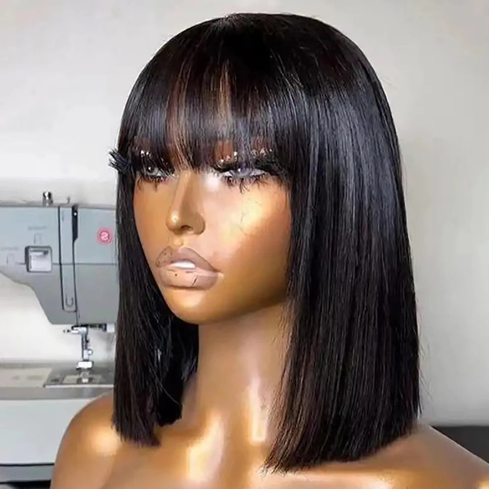 Bob Wig With Bangs Human Hair Bone Straight Brazilian Short Bob Wigs Human Hair For Women Ready To Wear Natural Black Color