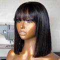 Bob Wig With Bangs Human Hair Bone Straight Brazilian Short Bob Wigs Human Hair For Women Ready To Wear Natural Black Color