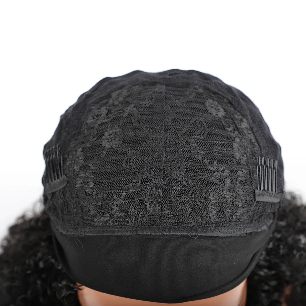 Headband Wig Synthetic Curly Short African American Wigs Afro Wig with Headbands Black Women's Synthetic Afro Wigs with Bandage