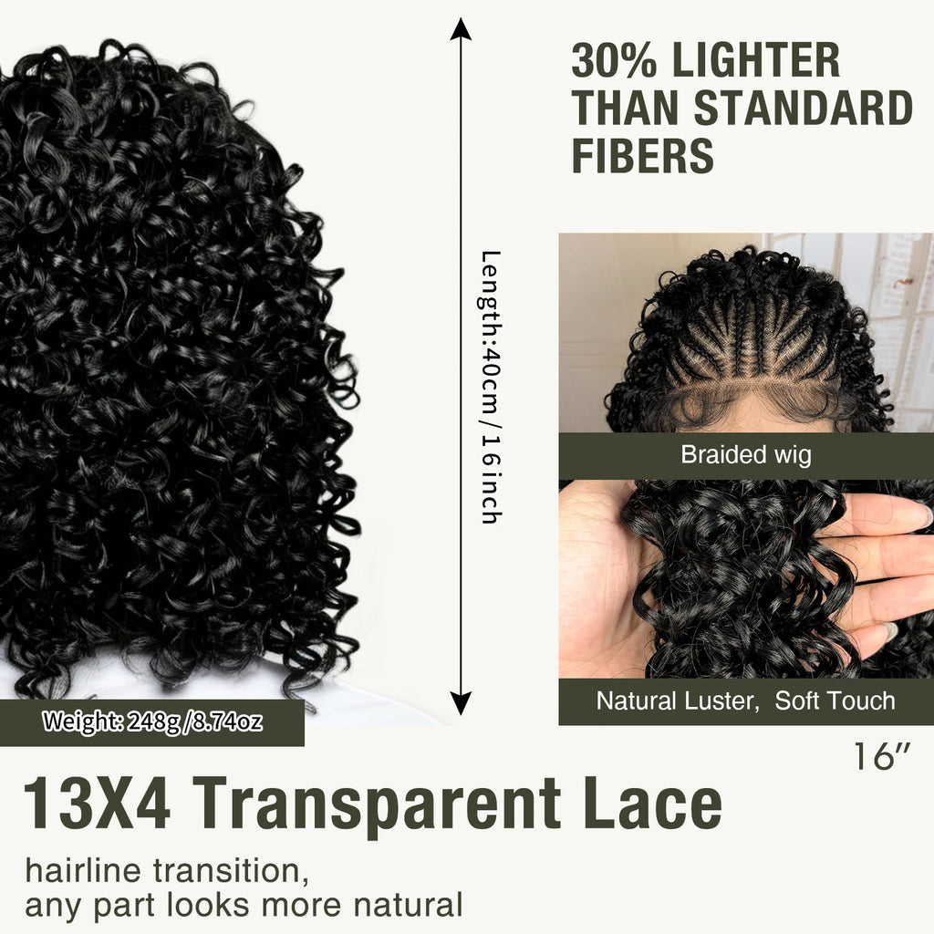 Synthetic 13x4 Lace Frontal Handmade Natural Cornrow Braided Wigs with Curly 16inch Bob African Hair Wigs for Black Women