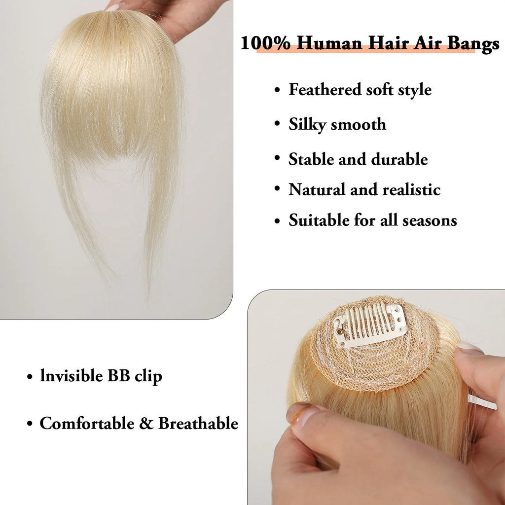 100% Human Hair Bangs Platinum Blonde Human Hair Air Bangs Straight Human Hair Pieces for Women Blunt Bangs 4.5in Hair Extension