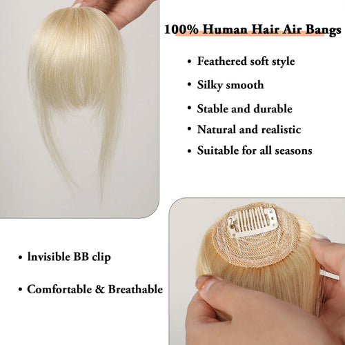 100% Human Hair Bangs Platinum Blonde Human Hair Air Bangs Straight Human Hair Pieces for Women Blunt Bangs 4.5in Hair Extension