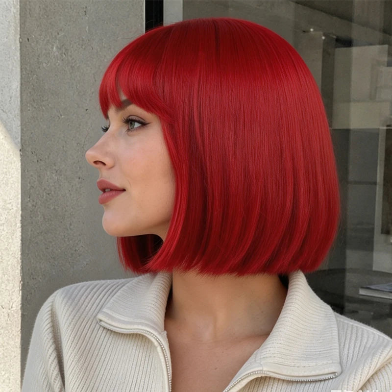 Stylish and elegant red bob with synthetic hair strands, 12-inch women's wig, suitable for parties and events.