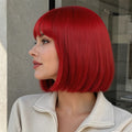 Stylish and elegant red bob with synthetic hair strands, 12-inch women's wig, suitable for parties and events.