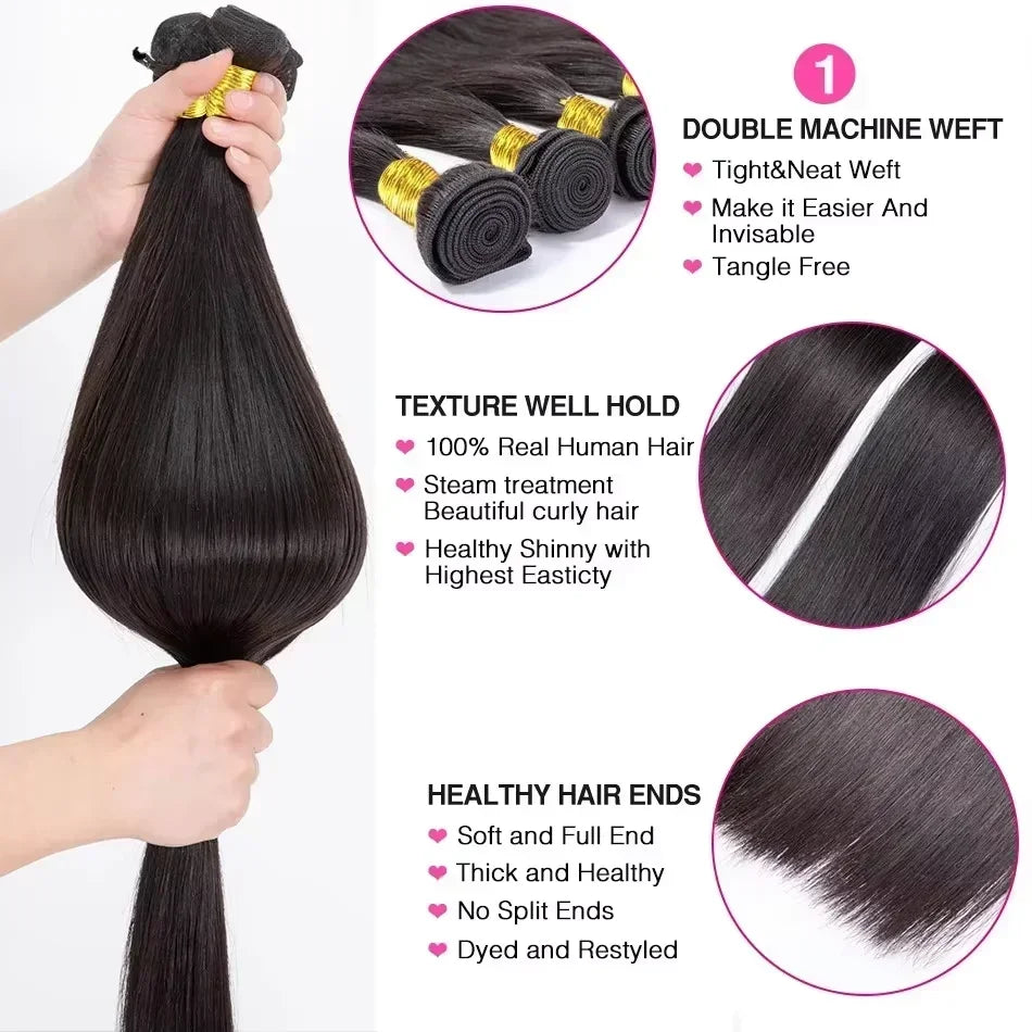 Peruvian Hair Bone Straight Human Hair Bundles With 4x4 HD Transparent Lace Closure 100% Virgin Human Hair Bundles Extension